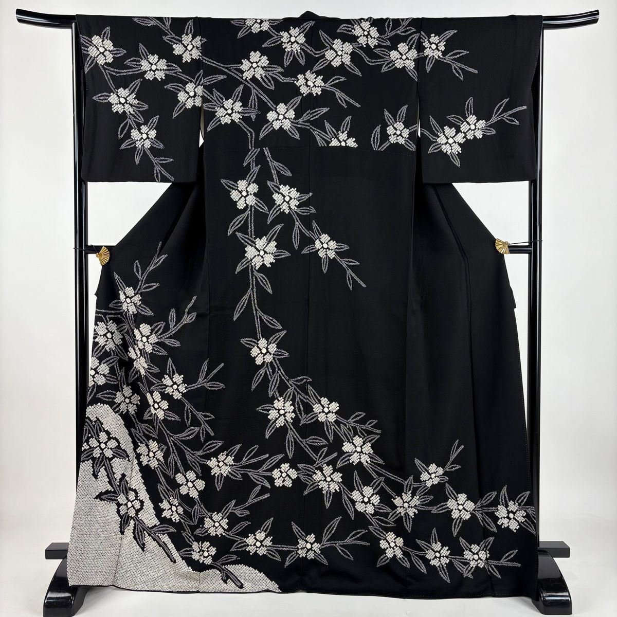 訪問着 身丈168cm 裄丈66cm M 袷 枝垂れ桜 絞り 黒 正絹 名品