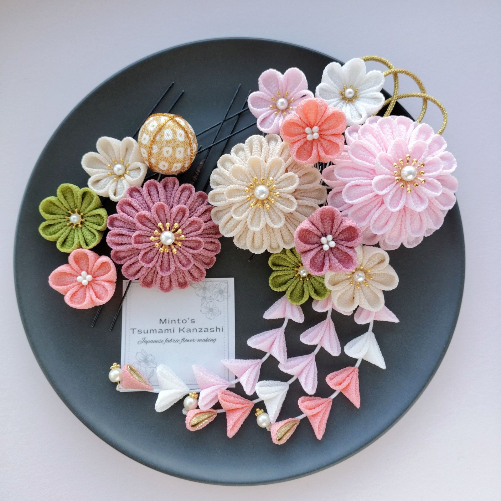 つまみ細工 髪飾り くすみカラー ピンク 白 成人式 卒業式 七五三 No.44