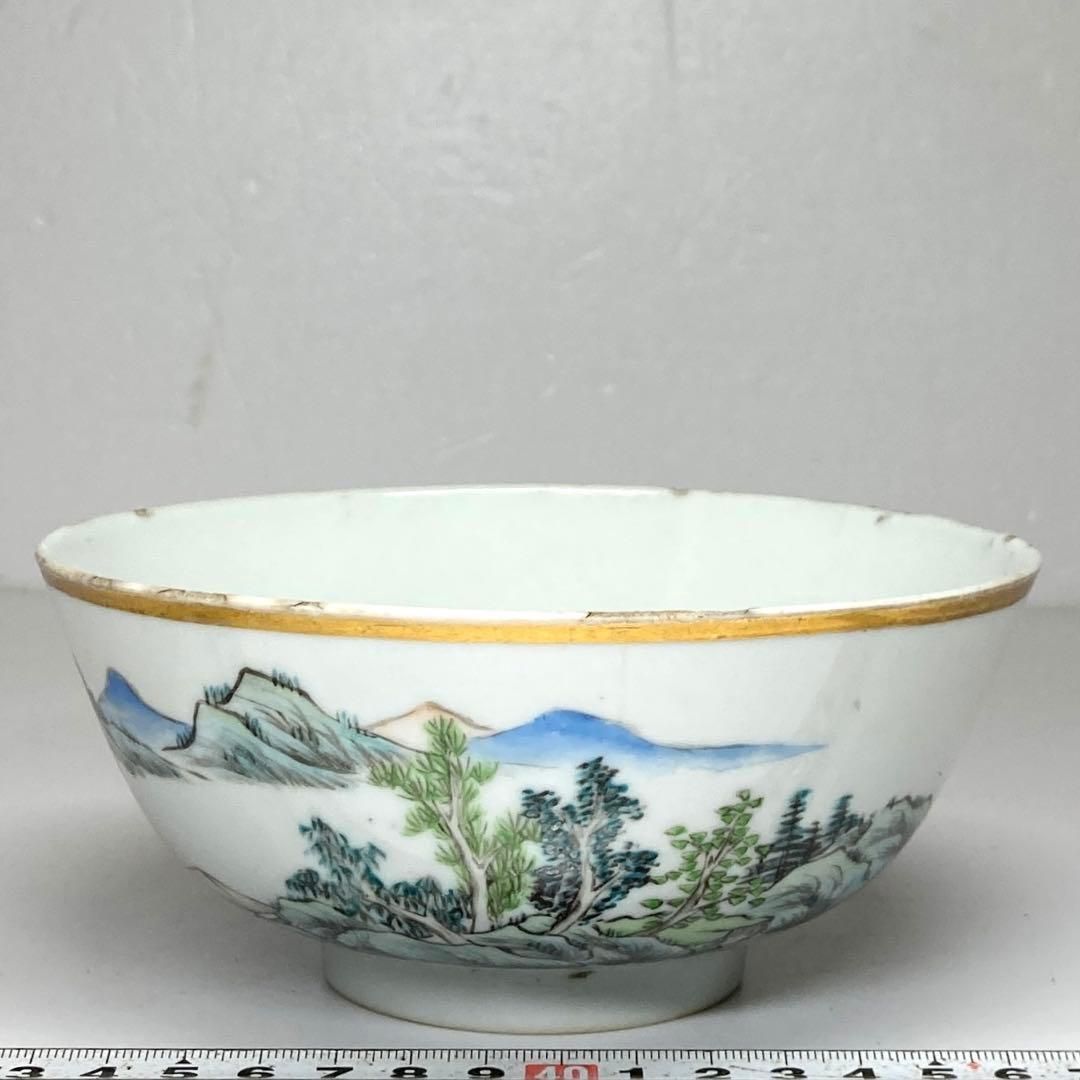 中国清朝時代 粉彩風景画 鉢 直径15.5㎝ タトチ 東な7-0104 2F
