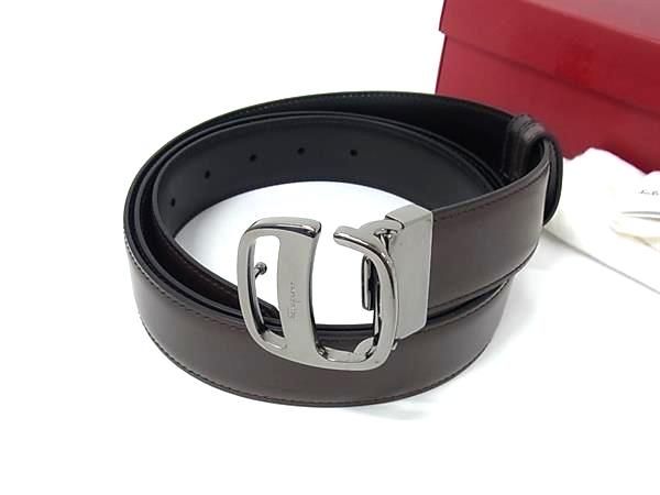 Salvatore Ferragamo フェラガモ レザー シルバー金具 リバーシブル ベルト メンズ ブラウン系×ブラック系 FN0002