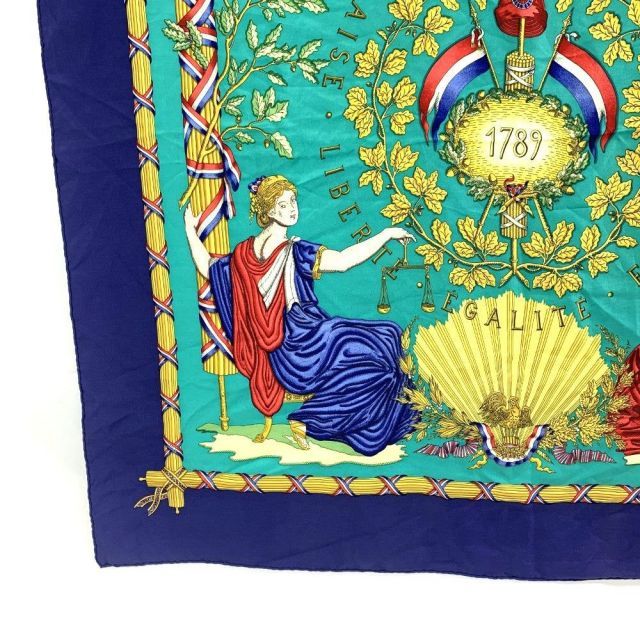 HERMES◆スカーフ/シルク/ネイビー/総柄/レディース/F de LA PERRIERE HERMES - エルメス HERMES カレ90 チェーン タッセル柄 ネイビー×白