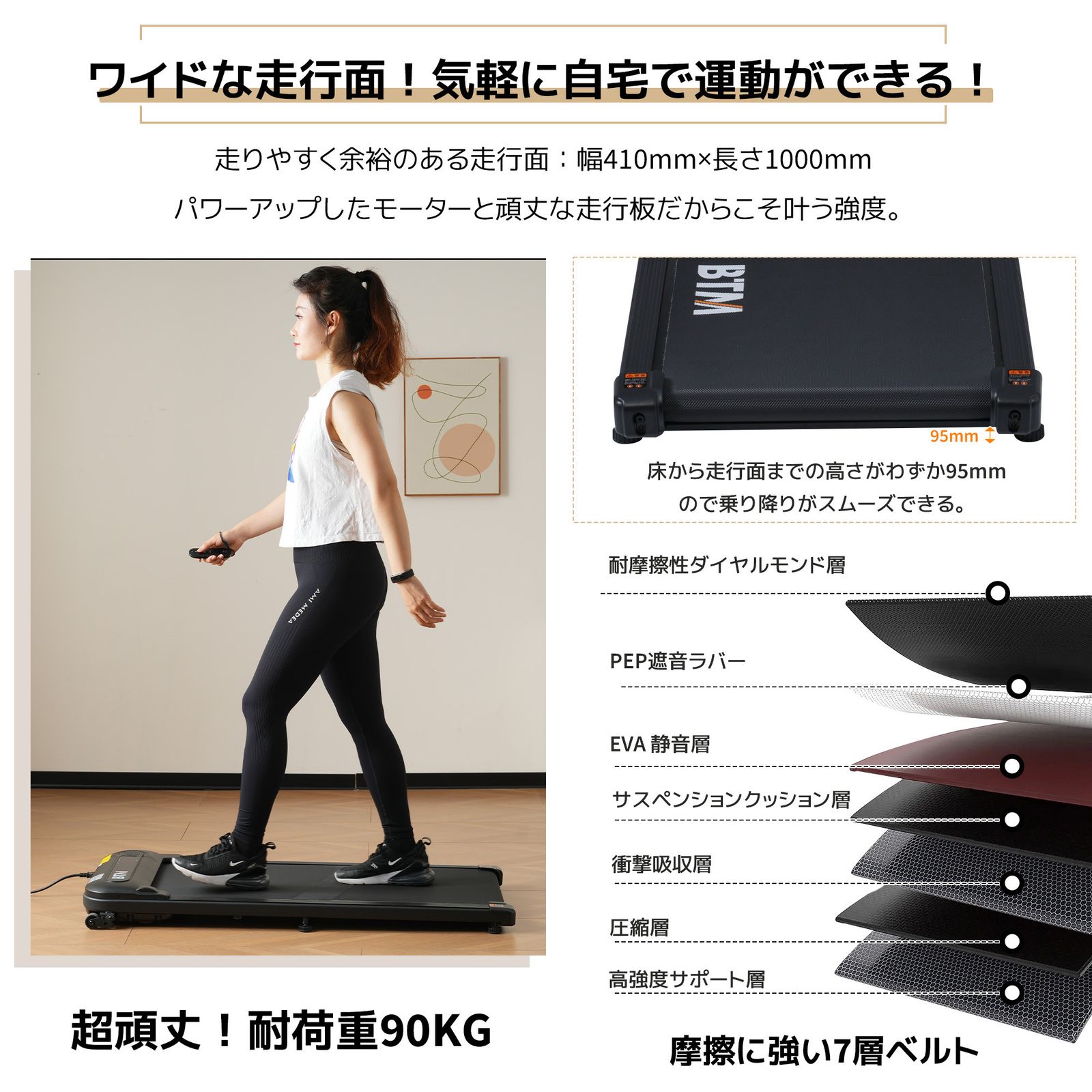 電動ランニングマシン ルームランナー 低床設計 MAX6km/h 薄型