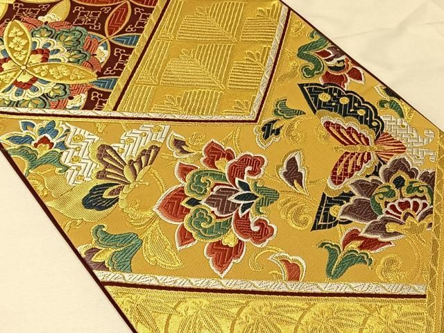袋帯 金彩の上品な花唐草 正絹 着物 着付け 和装 HO-1083 平和屋着物▽六通柄袋帯 唐織 草花文 金銀糸 鈴乃屋扱い 正絹
