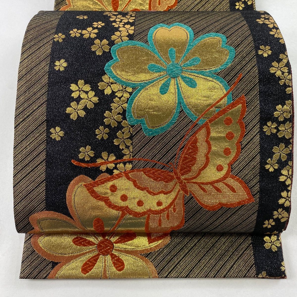 【新品】正絹　袋帯　桜柄　既製品 袋帯 秀品 桜 草花 金銀糸 箔 藍色 六通 正絹 【中古】 - メルカリ