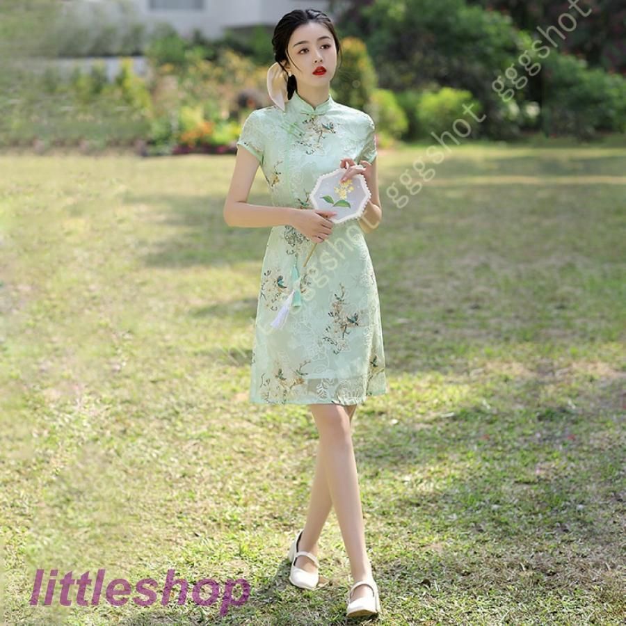 ワンピース レディース シフォンワンピース 改良チーパオ チャイナドレス 刺繍 チャイナ服 ロングワンピース 半袖 ドレス アオザイ ベトナ