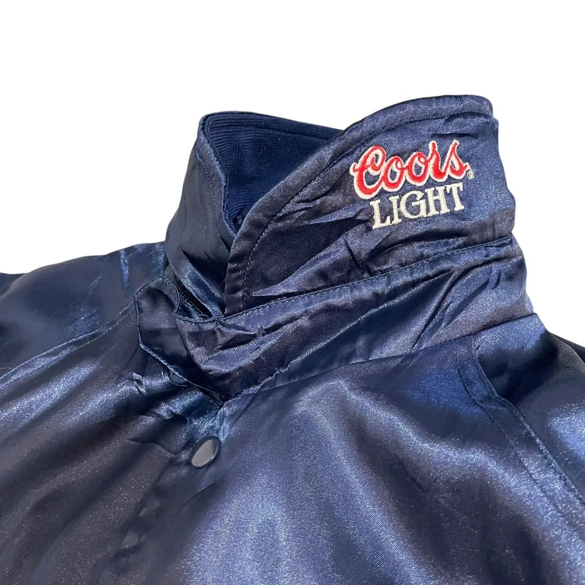 90s COORS バーシティージャケット スタジャン サテン 企業 紺 XXL 