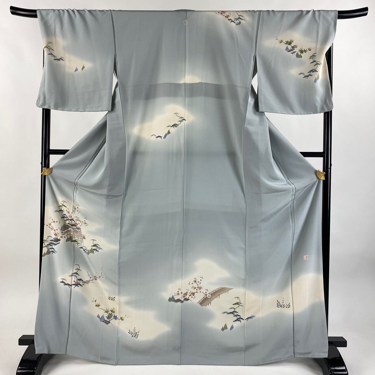 訪問着 身丈169cm 裄丈70cm L 袷 上野為二 落款 建物 笠松 染め分け ぼかし 青灰色 正絹 一つ紋