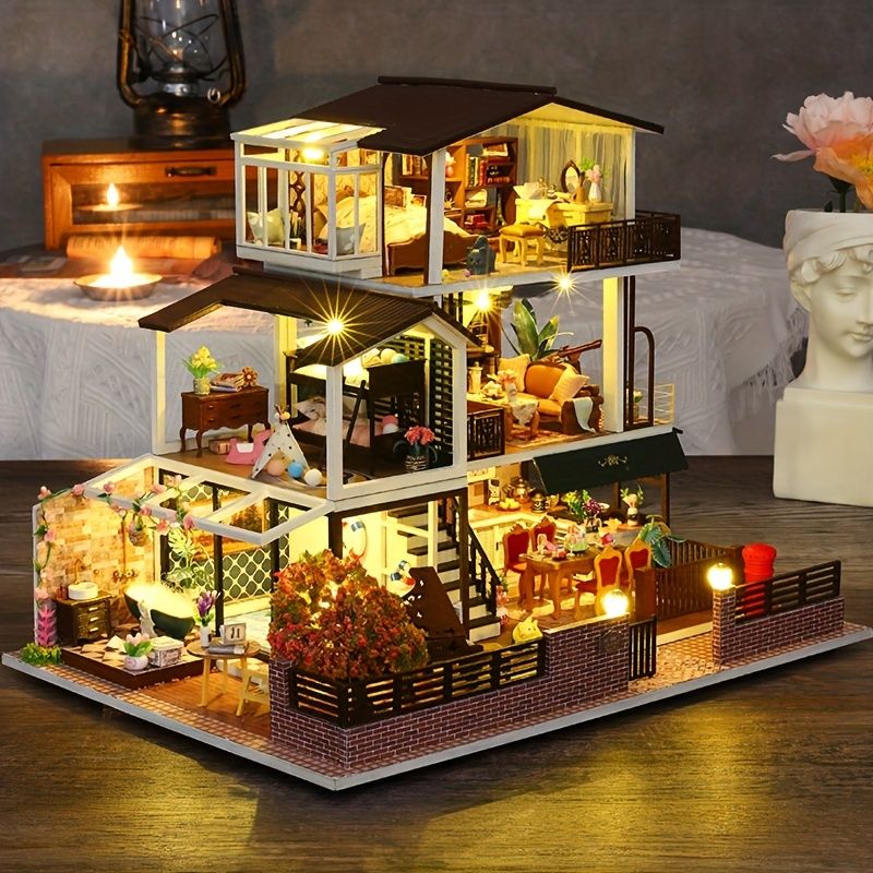 QIAOLEXING クラシックスタイル DIY 木製ドールハウスキット - ヴィンテージアメリカ建築 3Dパズル組み立ておもちゃ 家具付き、卓上ミニチュアハウスモデル、ホームデコレーションテーマ、電
