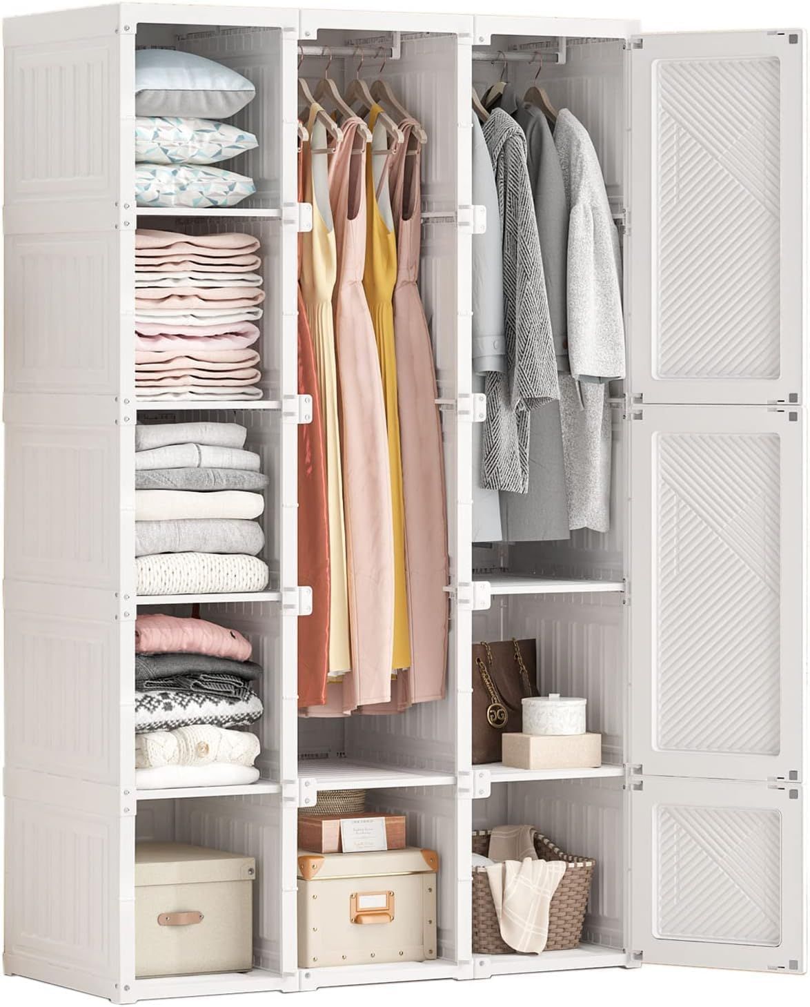 小物 雑物 扉付き 耐荷重 洋服収納ラック 一体折り畳み式 省スペース 衣類ケース シンプル収納棚 頑丈 ハンガーラック 大容量 リビング クローゼット ワードローブ 8グリッド-2ハンガー Box Mayi