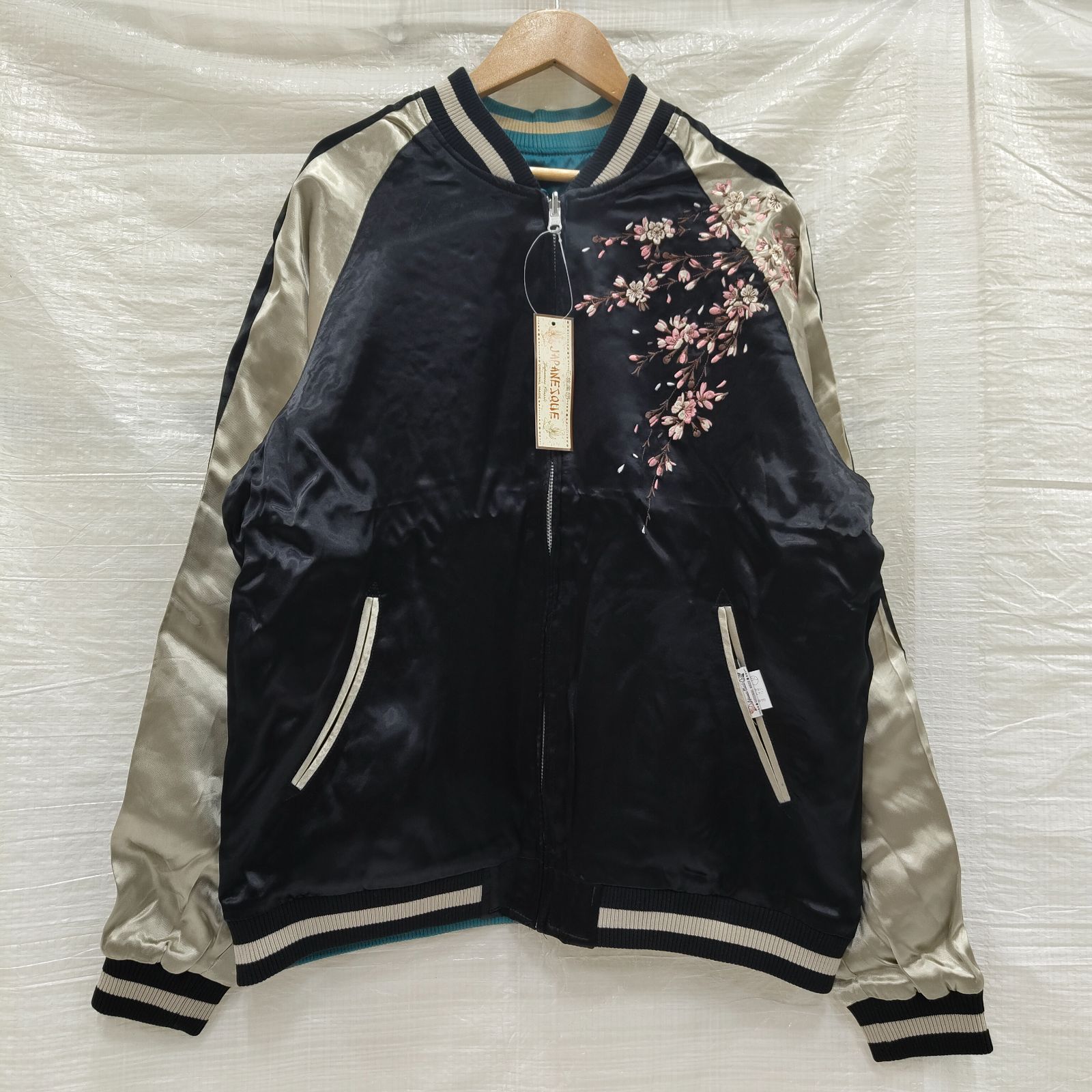 4L 3XL 刺繍 スカジャン 花旅楽団 JAPANESQUE 桜 リバーシブル ジャケット アウター ビッグサイズ 大きいサイズ ブラック×ターコイズ 6326655 WWW_WOWDIGSITE_COM