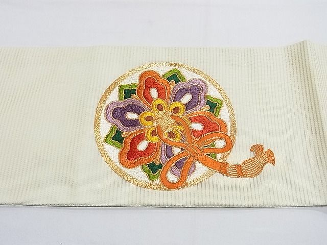 平和屋-こころ店■夏物　九寸名古屋帯　駒刺繍　鏡裏花文　正絹　逸品　B-jd3206