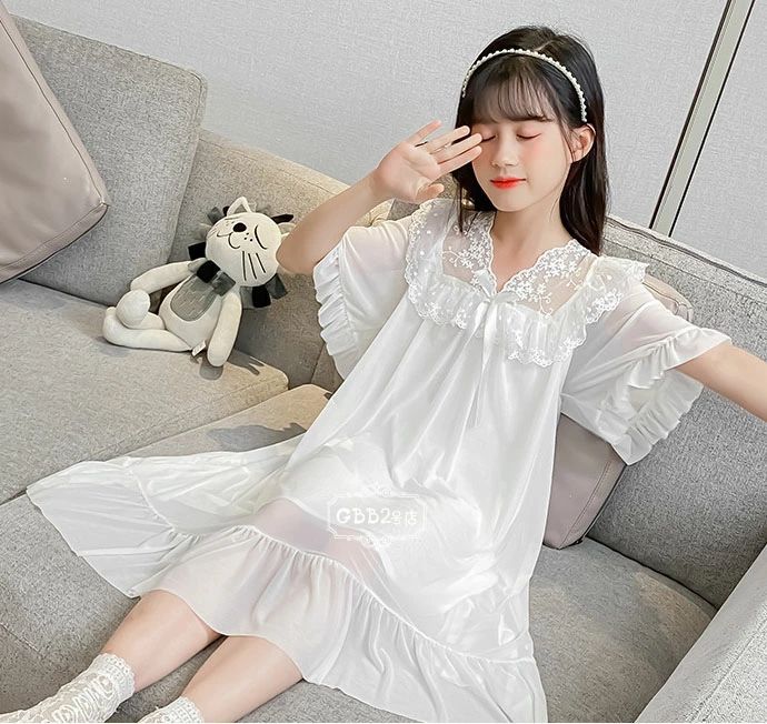 ネグリジェ キッズ パジャマ 子供パジャマ 半袖 モダール レース 女の子 夏 ロング丈 ルームウェア ワンピース パジャマ 部屋着 かわいい