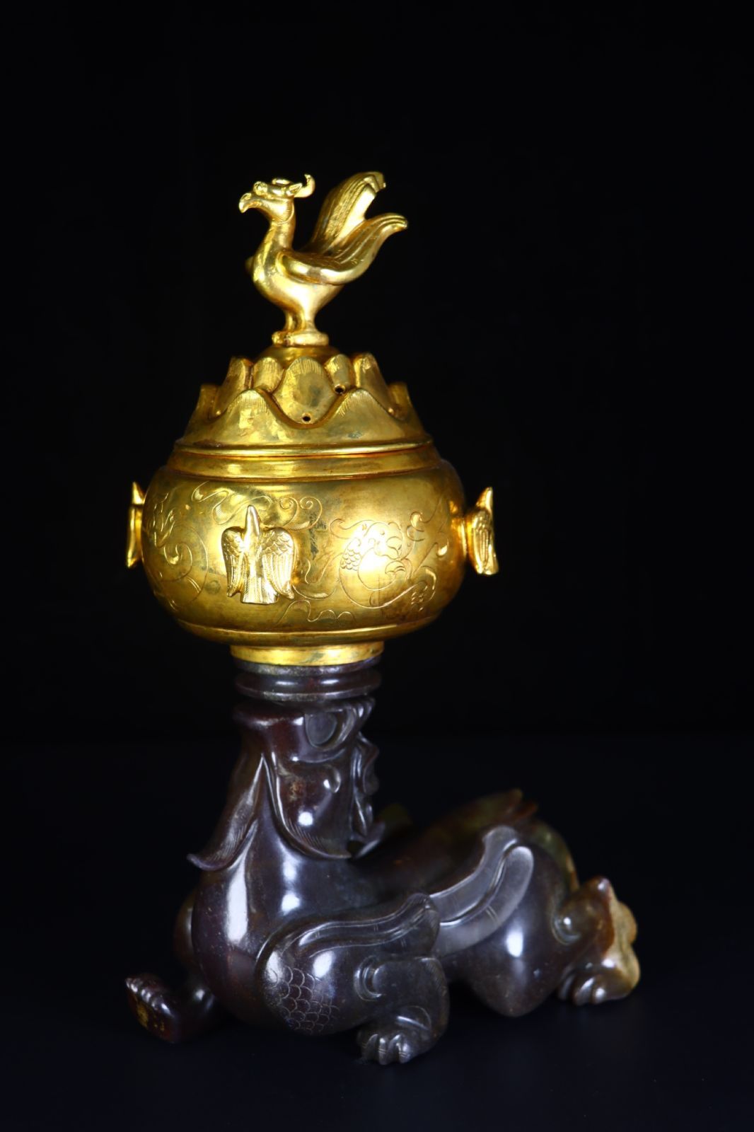 旧家蔵出し 和田玉細密彫 銅嵌 金鍍 玉獣頂炉 香炉 熏香爐 香道具 古 収集家