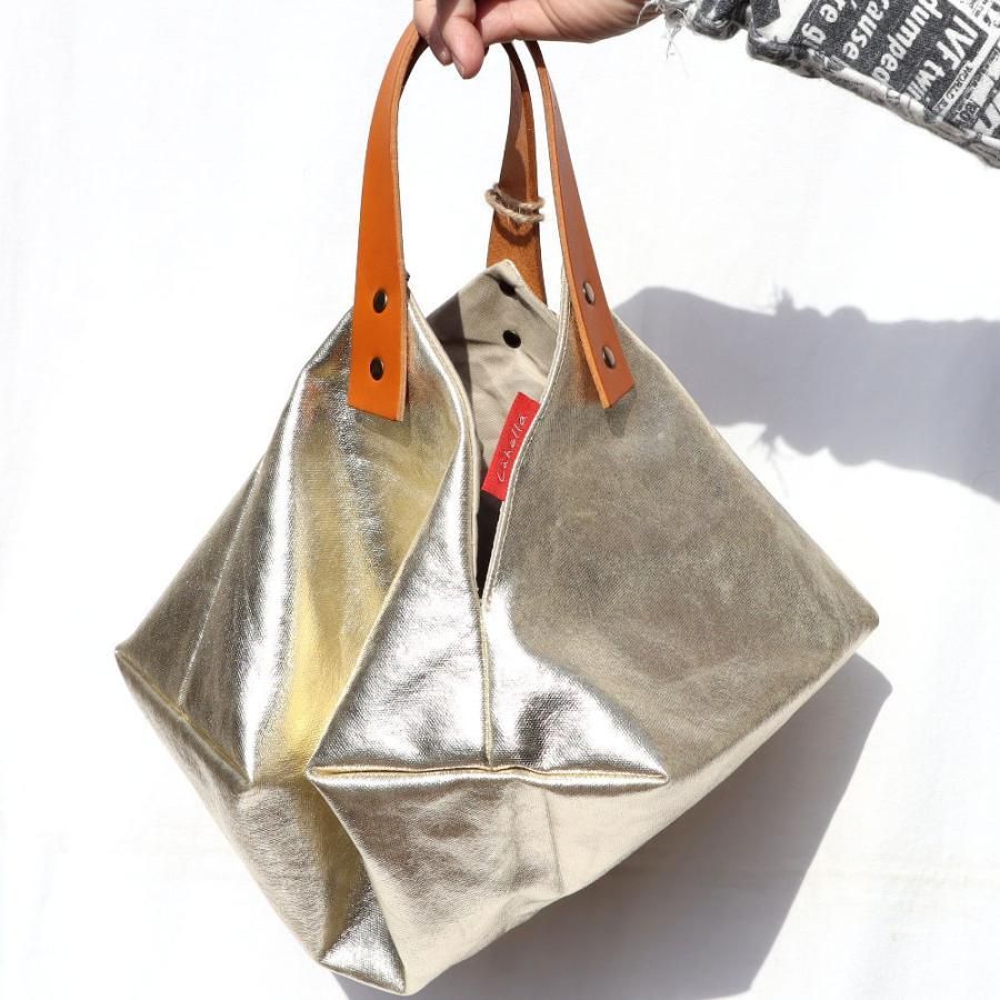 日本製 バッグ トートバッグ folio II origami tote bag M ゴールド gold 本革 箔帆布 Lahella 一枚布  L-281