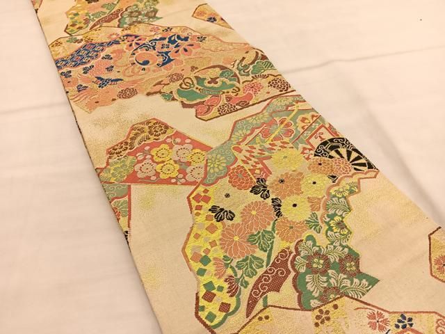 平和屋着物◎アンティーク 大正ロマン 丸帯 唐織 御所車扇面花文 金糸