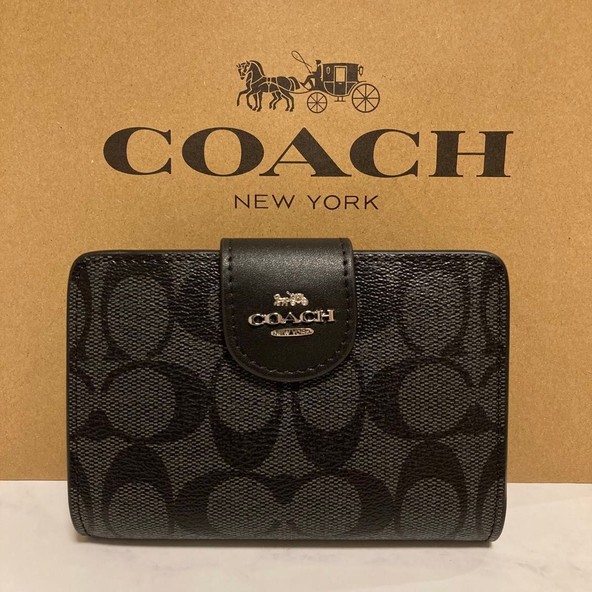 新品 COACH 長財布 コーチ 二つ折り財布 レディース メンズ ブラック シグネチャー シルバー - メルカリ