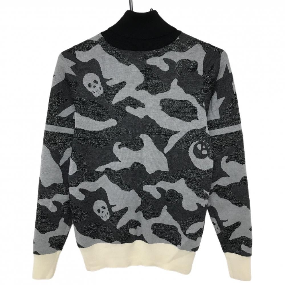 超 マークアンドロナ タートルネックセーター グレー×白 千鳥格子 ニット ウール混 スカル レディース M ゴルフウェア MARK&LONA