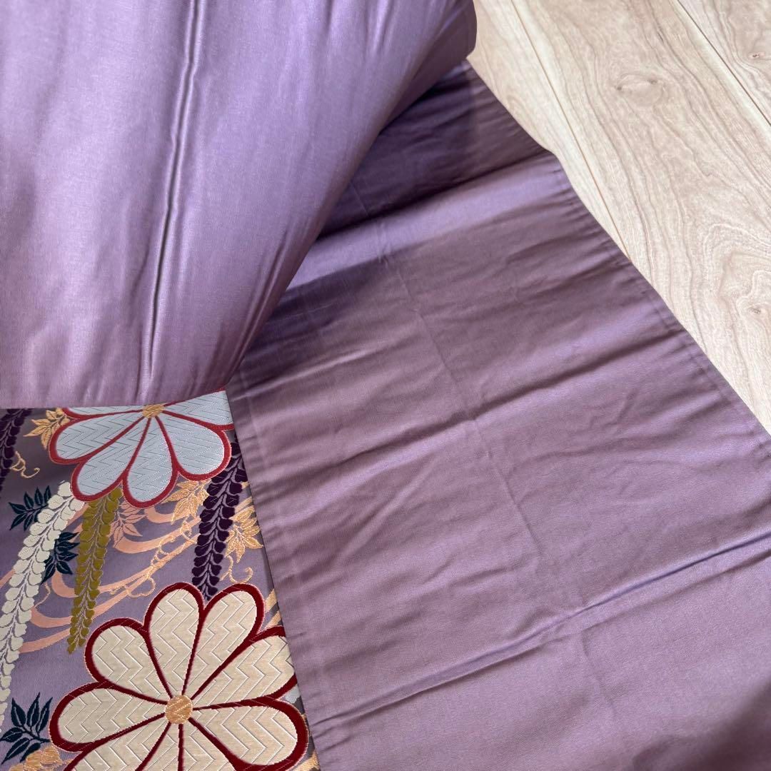 超美品 正絹 袋帯 六通 着物 和装 現代 藤色 金糸 唐織 薄紫 449