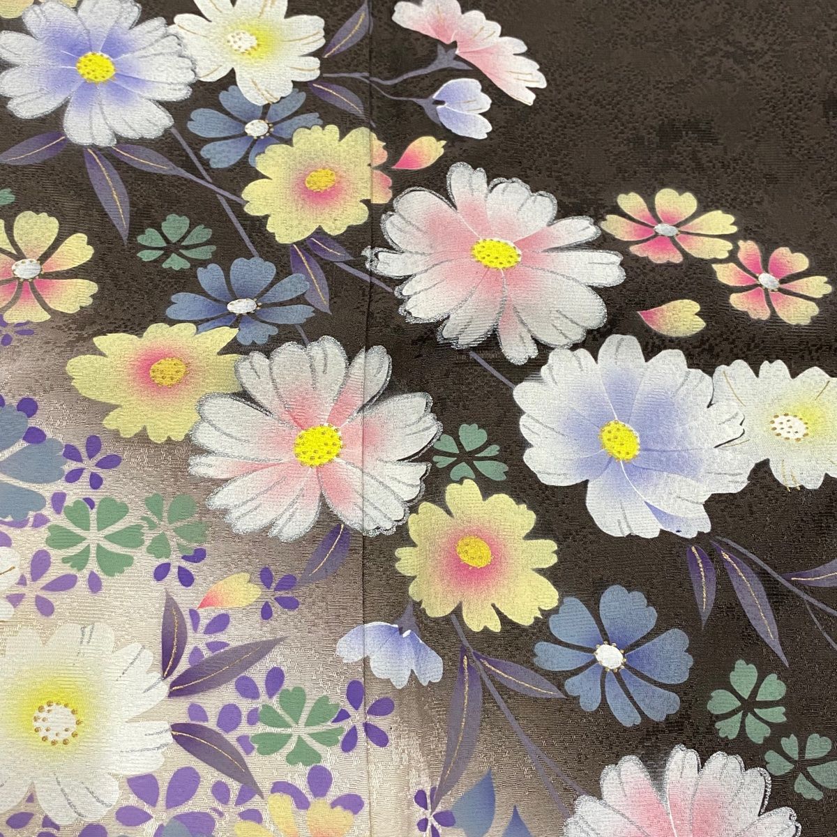 振袖 身丈160cm 裄丈67cm M 袷 鈴乃屋 草花 流水 金銀彩 ぼかし 焦茶色