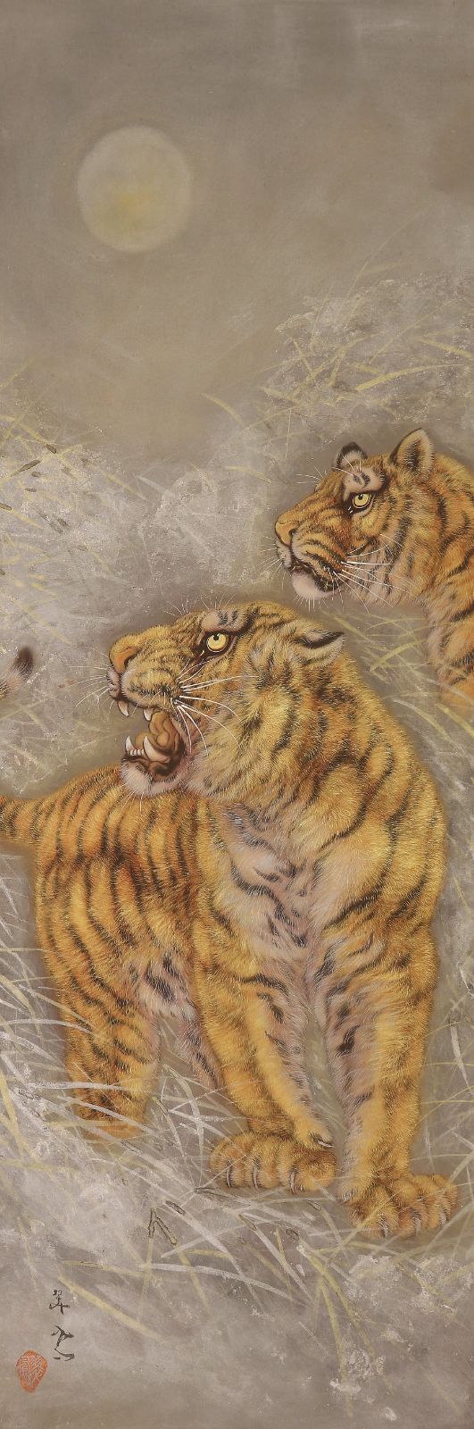 ddr1798 美品 掛け軸 吉田翠鳳作 月竹双虎図「猛乕」共箱 二重箱