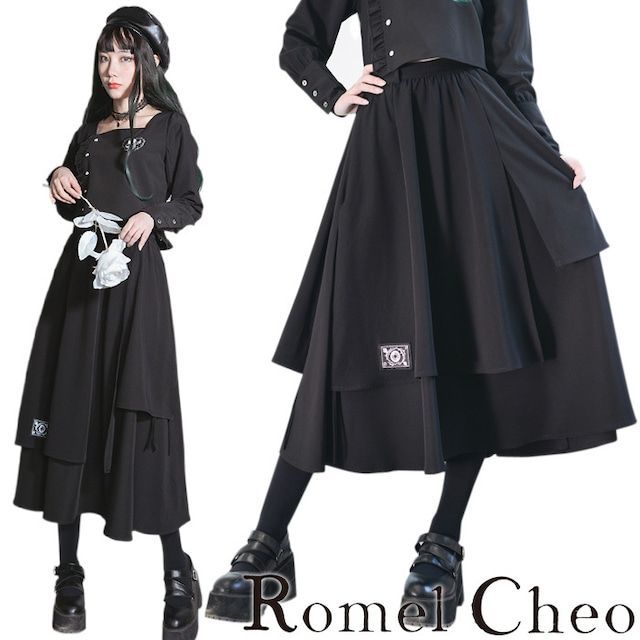 RomelCheo 重ね着風スカート レイヤードスカート レイヤードアシメスカート アシメデザイン ミモレ丈 変形 ハイウエスト フレアスカート  Aライン レディース モード系 ストリート 個性的 ファッション 原宿系 カジュアル ロメルチェオ