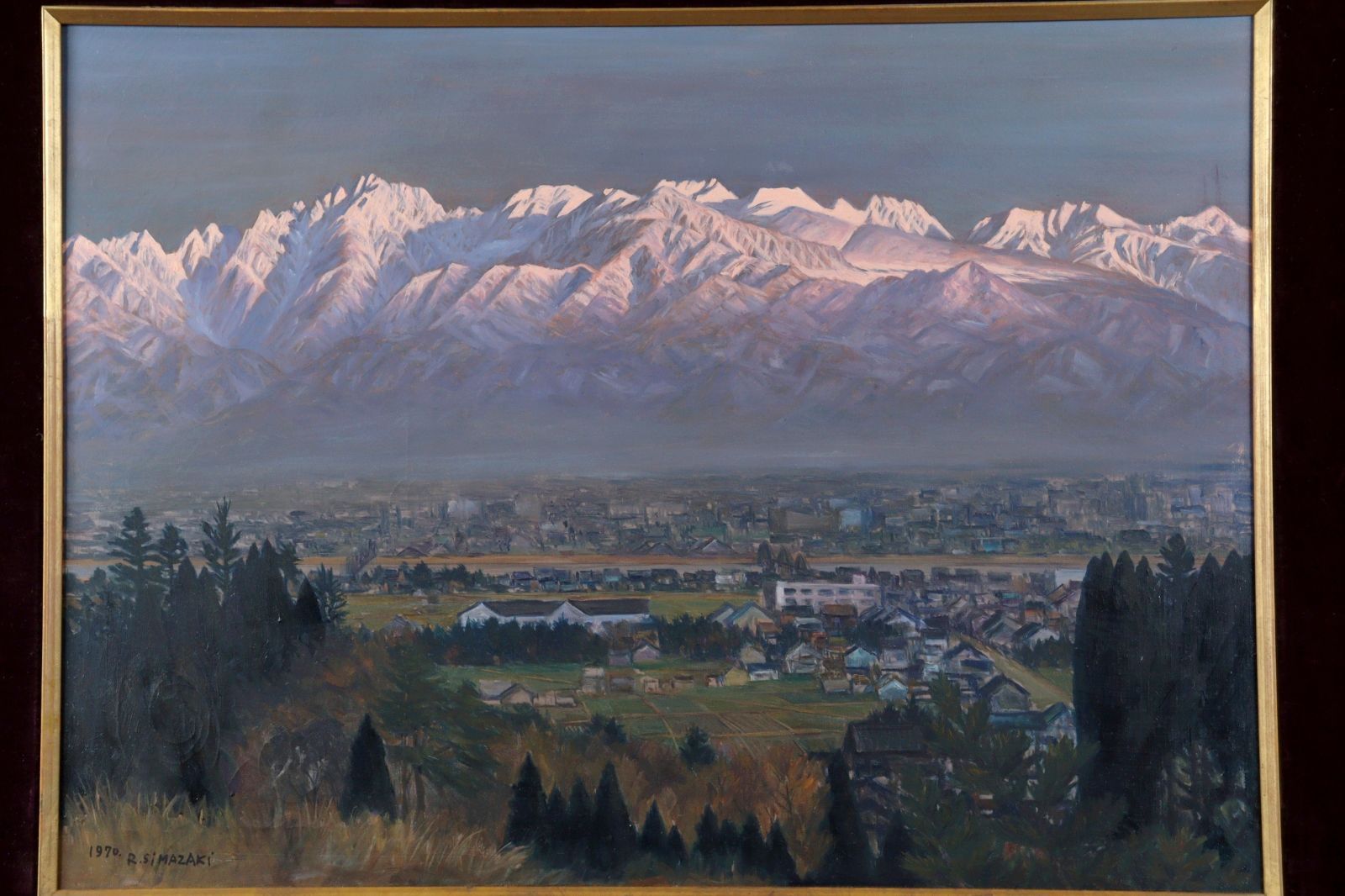 島崎力松作「呉羽山より夕映えの立山連峯を望む」 肉筆油彩20号 山 楾