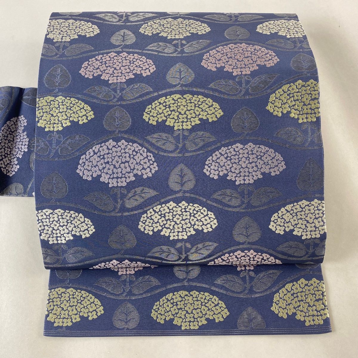 名古屋帯 秀品 川島織物 落款 関西仕立て 草花 箔 唐織 青紫 正絹