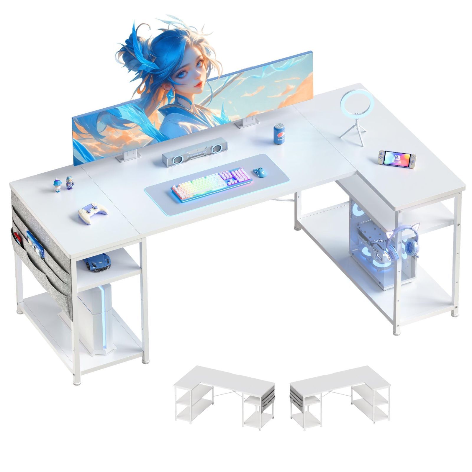 収納ラック付き 書斎 ゲーム リモートワーク 在宅勤務 作業 勉強机 PC L字型 白い 収納袋付き 棚板高さ調節 コーナーデスク pcデスク 幅150cm デスク ゲーミングデスク l字デスク YeTom