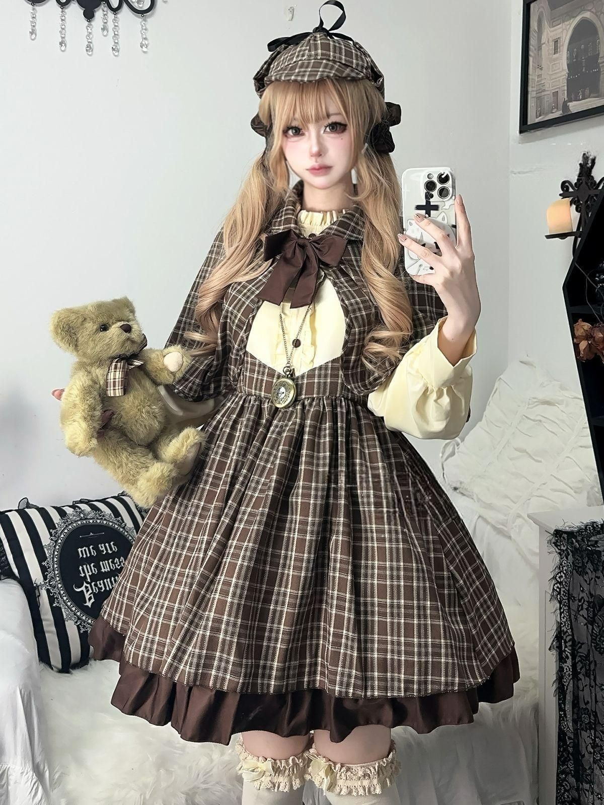 小さな探偵 英国風学院スタイル ワンピース 純欲系COS衣装 パンク風Lolitaドレス 4点セット 帽子＋ケープ＋ワンピース＋リボン 撮影会 推し活 舞台演出 学園祭 イベント プレゼントにも最適