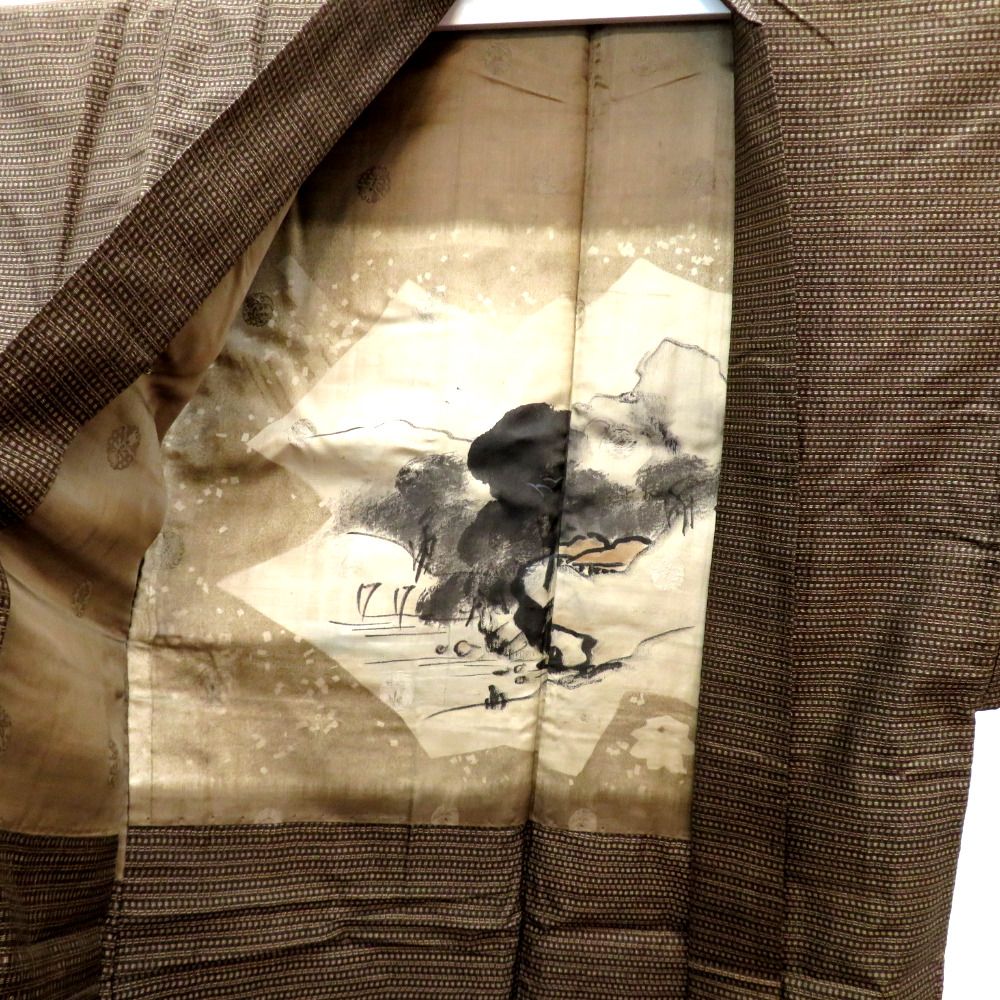 男着物 男性用 紬アンサンブルセット 袷 茶 ベージュ 正絹 男性用