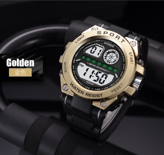 16送料込 海外 SINOKE 腕時計デジタル 多機能 LED ブラックゴールド-0