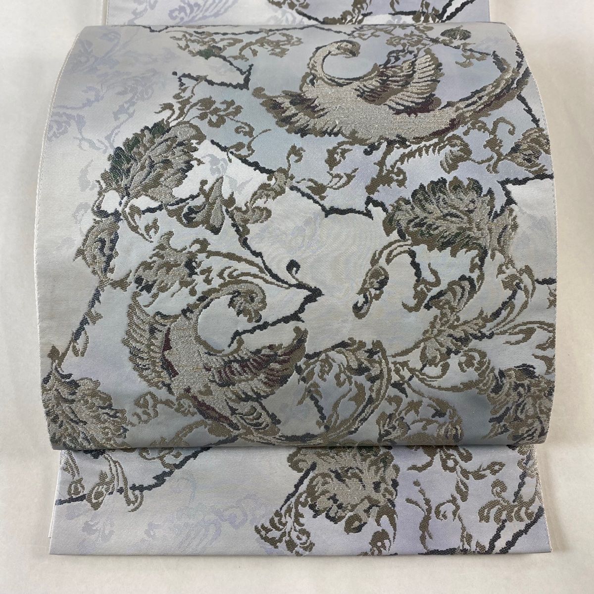 袋帯 美品 逸品 となみ織物 落款 鳥 唐草 箔 青灰色 六通 正絹