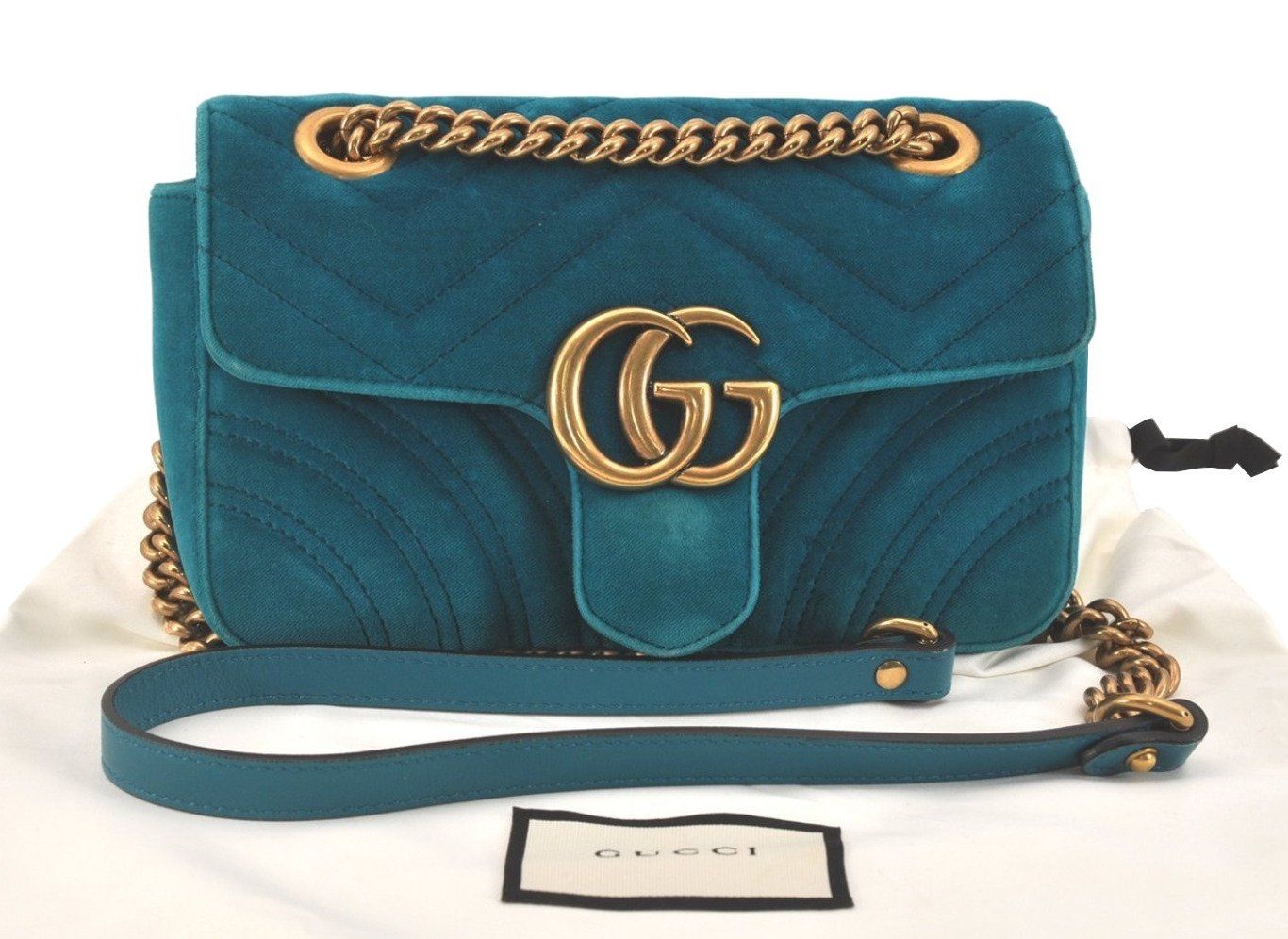 GUCCI グッチ GGマーモント チェーン ショルダークロスバッグ ベロア レザー ブルー 0875M