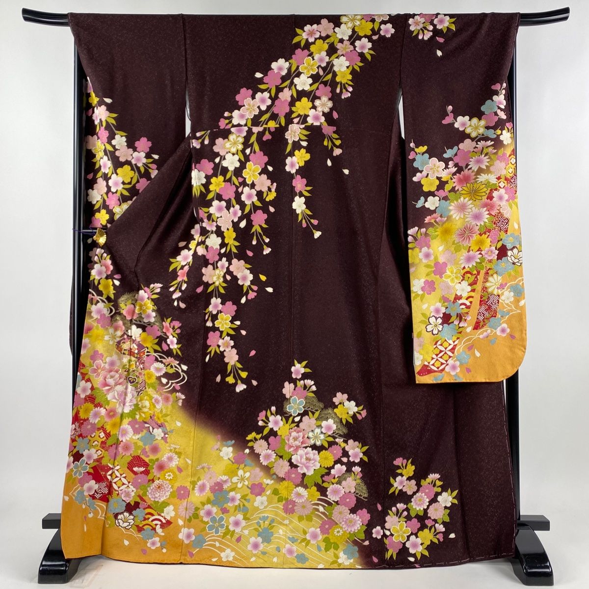 振袖 身丈160cm 裄丈68cm L 袷 草花 流水 金糸 金彩 紫 正絹 名品 中古  