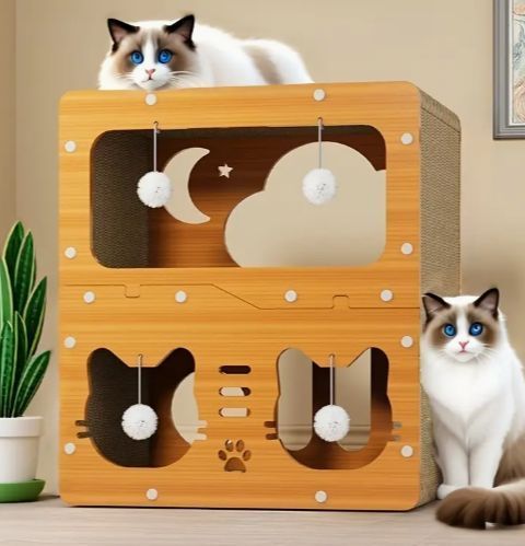 1 点の豪華 2 層ヴィラ型キャットハウス —— 猫に贈る夏の贈り物 遊び心のある繊維板で作られたキャットコンドに 月の柄と肉球が印刷されており 可愛らしさと実用性を兼ね備えたデザインです