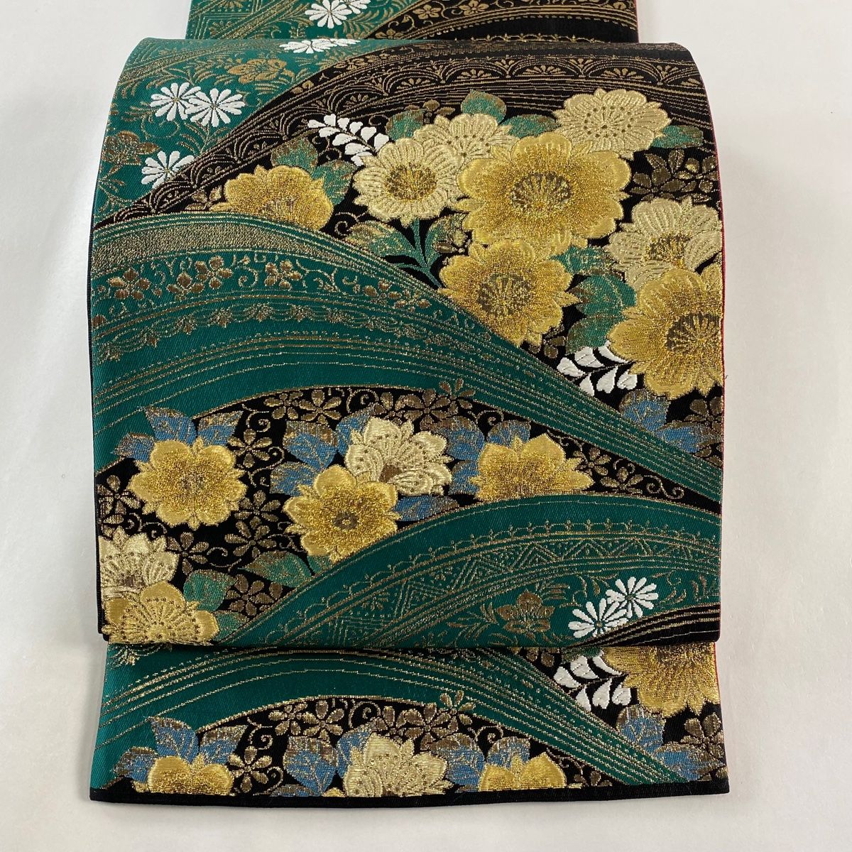 袋帯 美品 秀品 草花 花唐草 金糸 箔 緑 六通 正絹 【中古