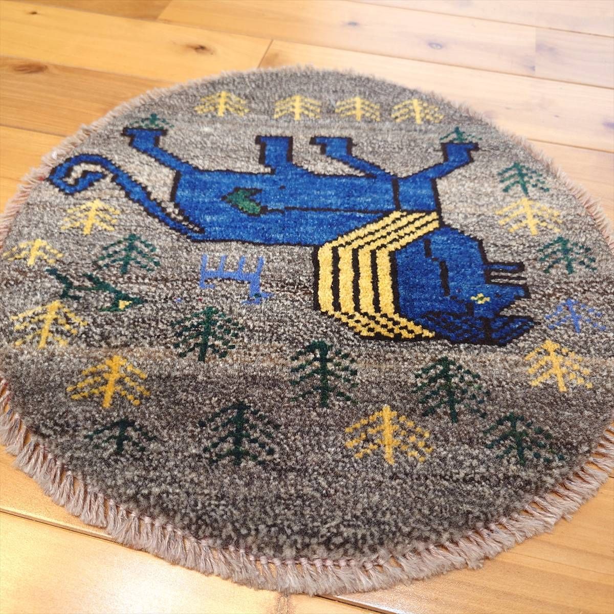 ペルシャ ギャッベ アマレバフト ミニマット 横40Φ39.5㎝ 円形 青色の