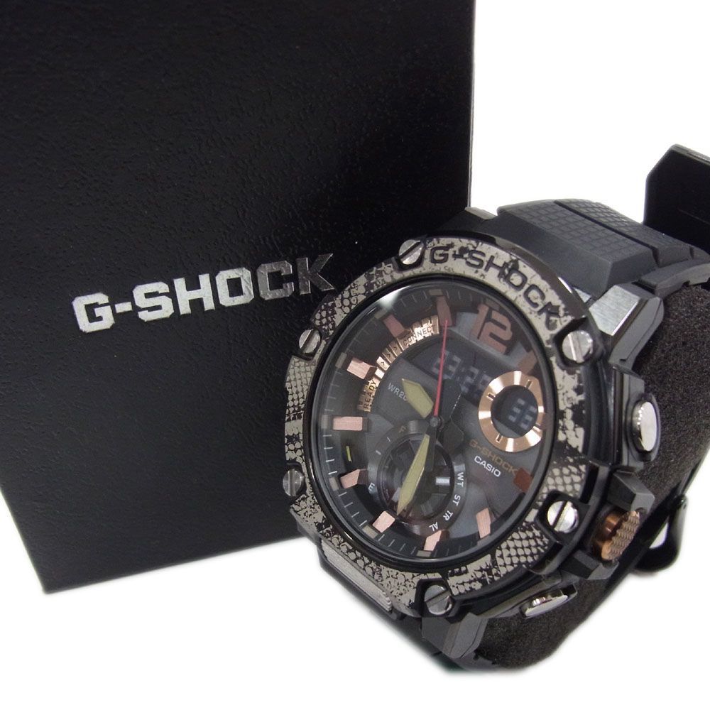 美品 定価6万1600円●G-SHOCK 腕時計 ウォッチ WILDLIFE PROMISING CASIO Gショック GST-B100  G-STEEL パイソン ニシキヘビ メンズ 黒色