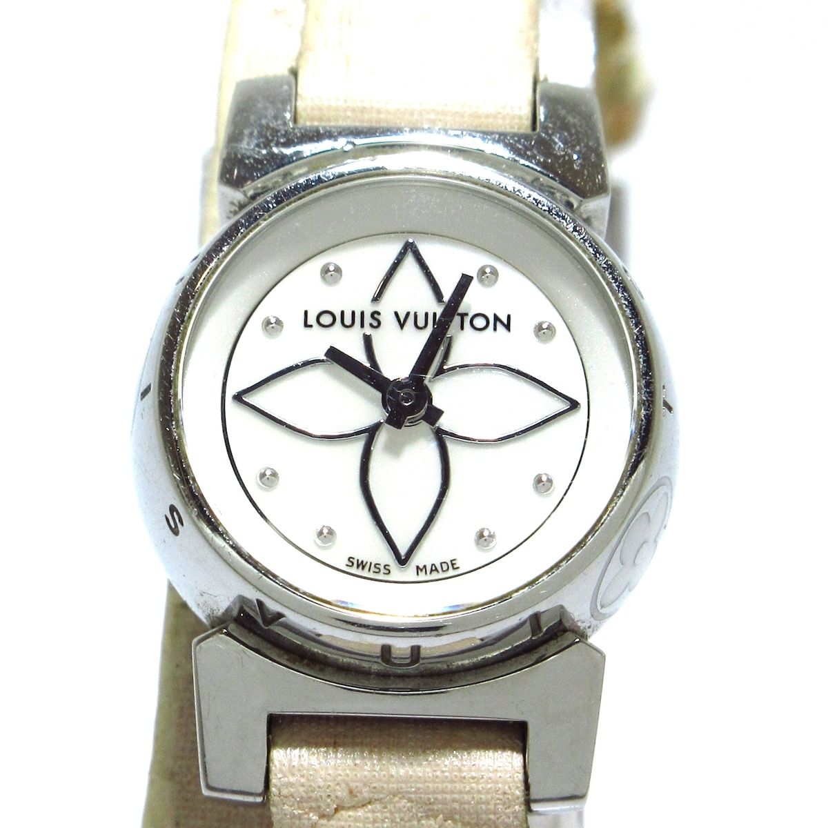 【美品 確実正規品】ヴィトン 腕時計 タンブール ビジュ ホワイトシェル 可動品サファイアクリスタルベルト尾錠