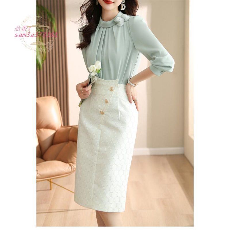 セットアップ スカートスーツ レディース タイトスカート ブラウス 長袖 フォーマル オフィス 上下2点セット シャツ ハイウェスト 通勤 ロングスカート am5a373161