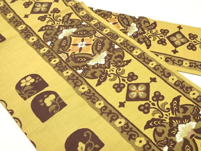 平和屋着物○九寸名古屋帯 更紗花唐草間道 山吹茶色 正絹 逸品