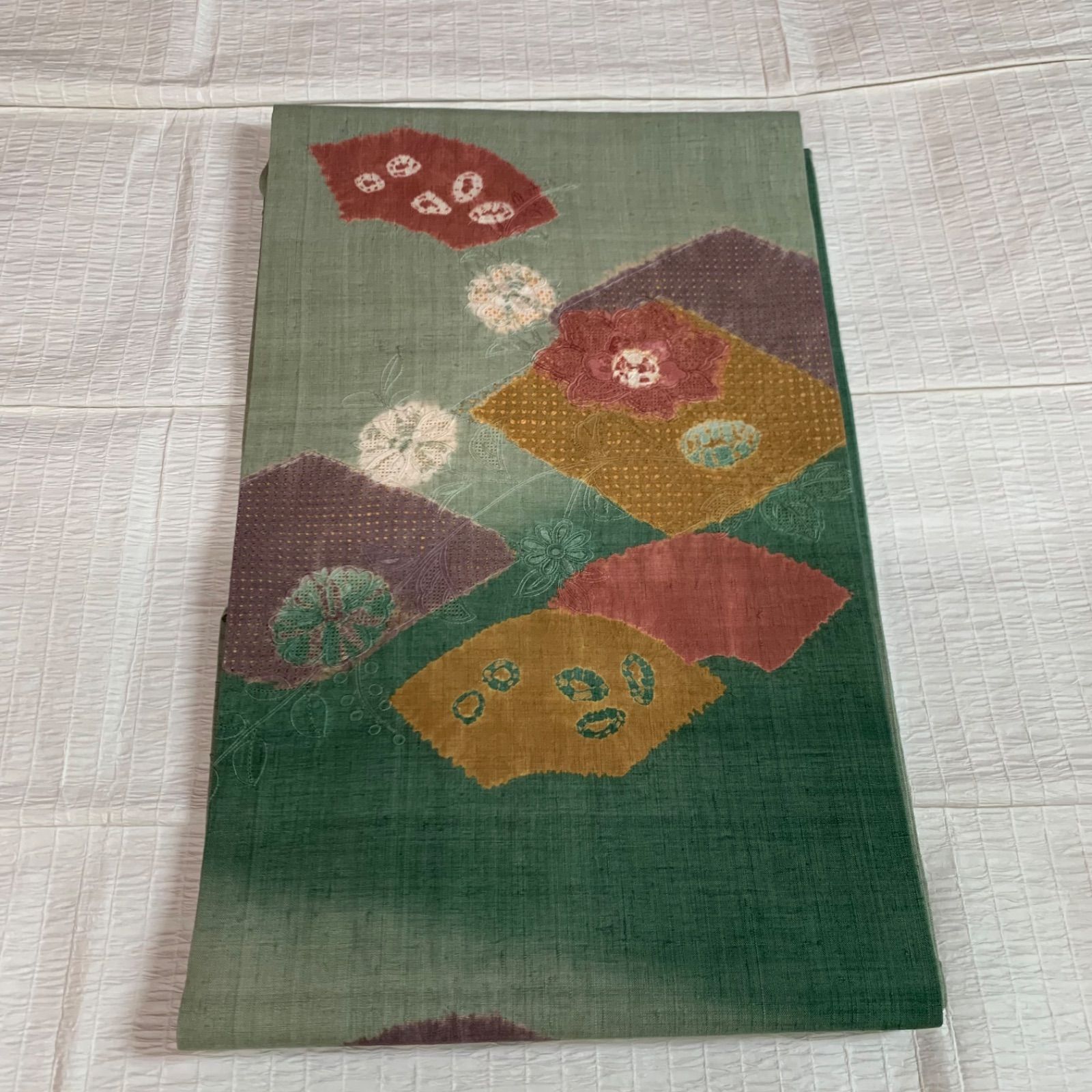 手織り真綿紬絞り汕頭蘇州刺繍唐花に地紙模様名古屋帯 汕頭蘇州