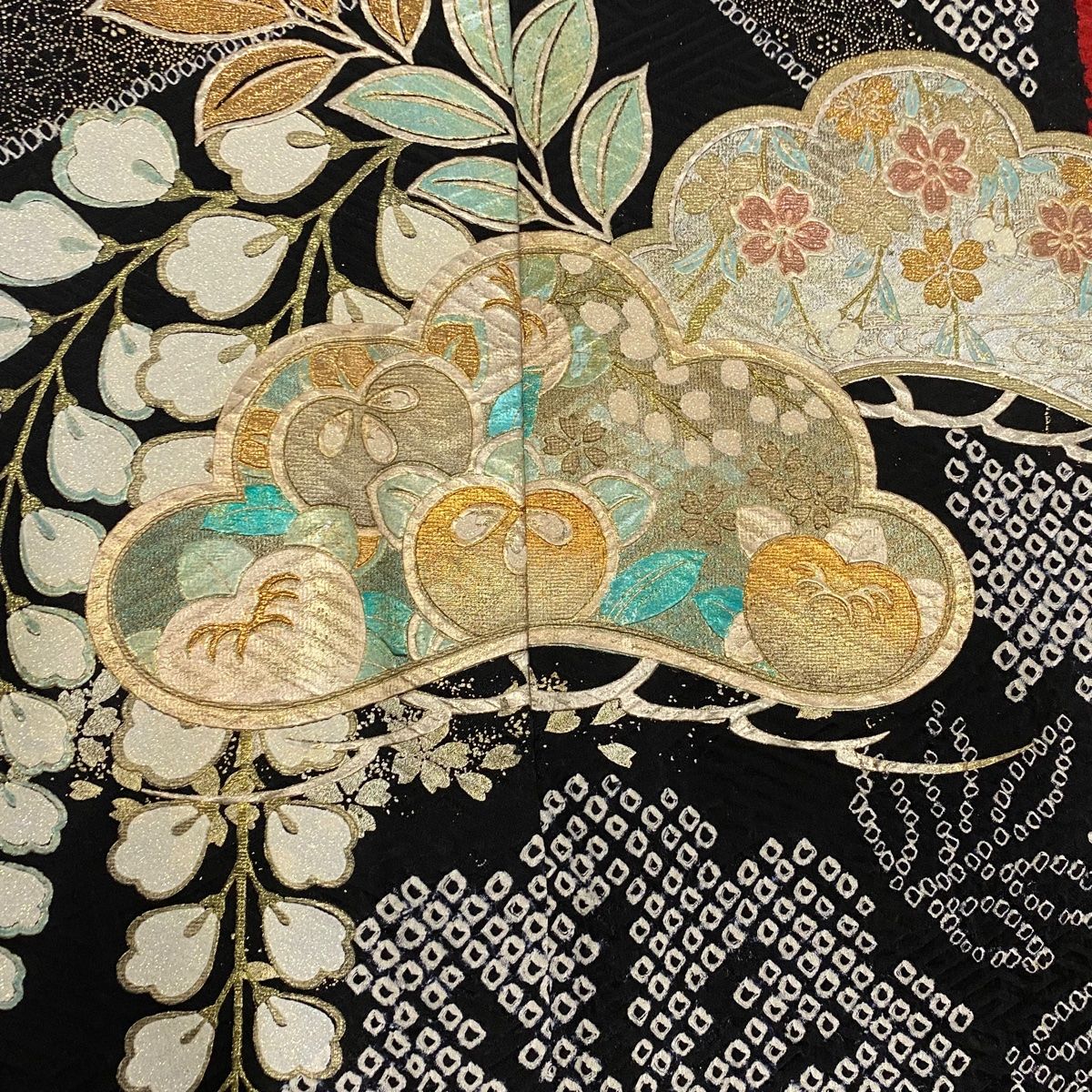 美品 やまと誂製 正絹 トールサイズ 鶴 蝶 橘 桜 梅 振袖 着物 A-784 美品 やまと誂製 正絹 トールサイズ 鶴 蝶 橘 桜 梅 振袖 着物 A