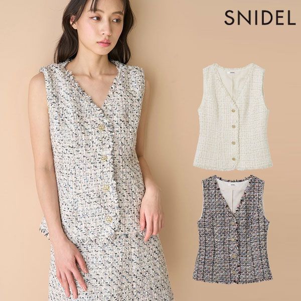 10%OFF スナイデル SNIDEL アウター 25春夏 サマーツイードジレ ミドル丈 ノースリーブ ベスト swfv252038