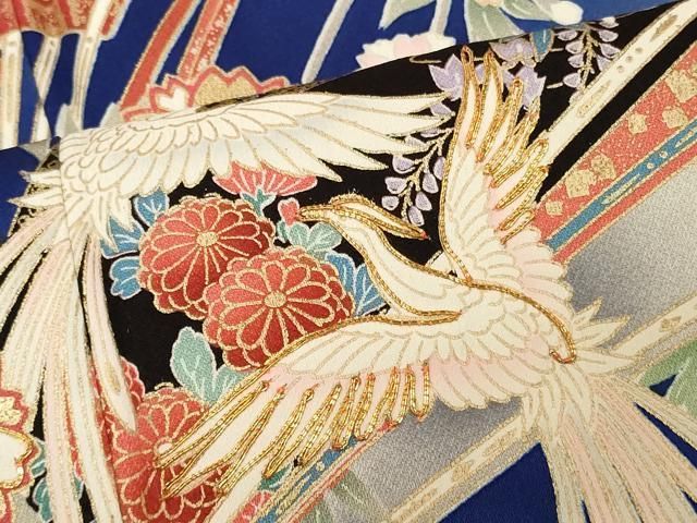 ■✨豪華お振り袖【黒地 扇面 花柄 金駒刺繍 銀彩 正絹】 成人式・結婚式 超豪華銀通し総刺繍振袖【振袖・訪問着にお仕立て可能】桜 ブラック