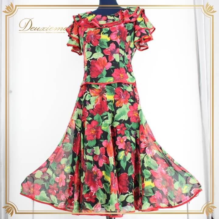 社交ダンス 衣装 スタンダード セットアップ ツーピース ワンピース レッスンウェア レディース オールシーズン ブラック系 レッド系 グリーン系 SEKINE セキネ 赤 黒 緑 イエロー系 黄色 日本製 花柄 デザイン フェミニン エレガント ダンスウェア