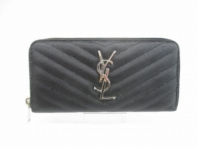 イヴサンローラン Yves Saint Laurent ラウンドジップウォレット Vステッチ 長財布 ブラック シルバー ユニセックス