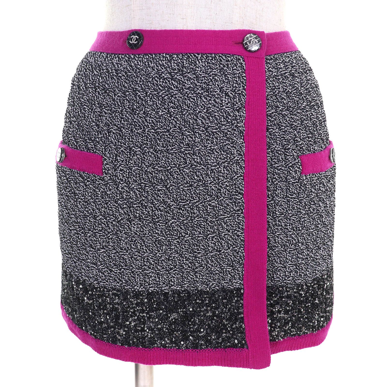 ♥品△CHANEL シャネル 21K P71616K10300 ココマークマトラッセボタン ラメ スパンコール ニット ミニスカート サンプル品 シルバー パープル 38 レディース