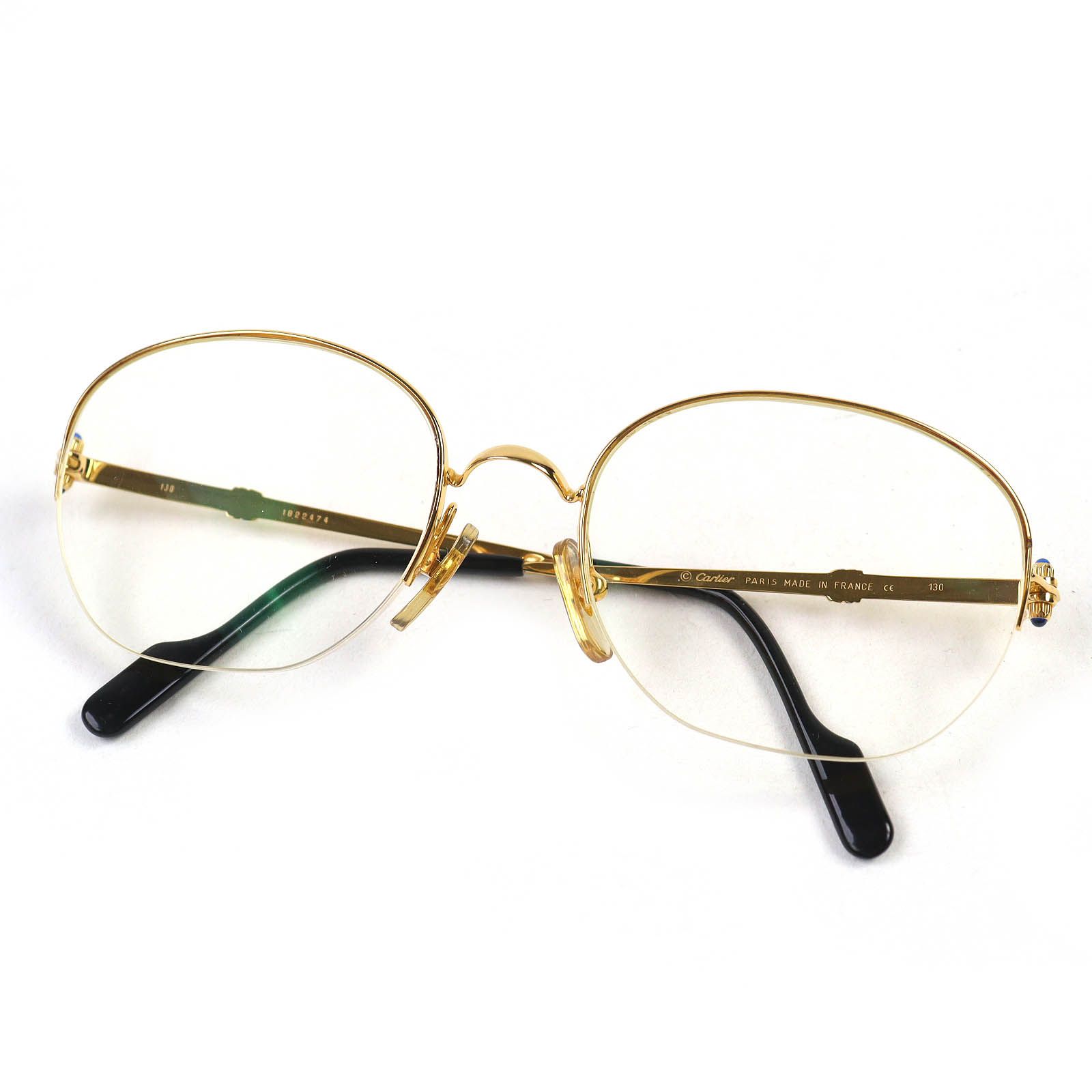 △Cartier カルティエ ハーフリム トリニティ 4Pブルージェムストーン メガネ 眼鏡 アイウェア ゴールド ブラック 54□18 130 度入り フランス製 レディース