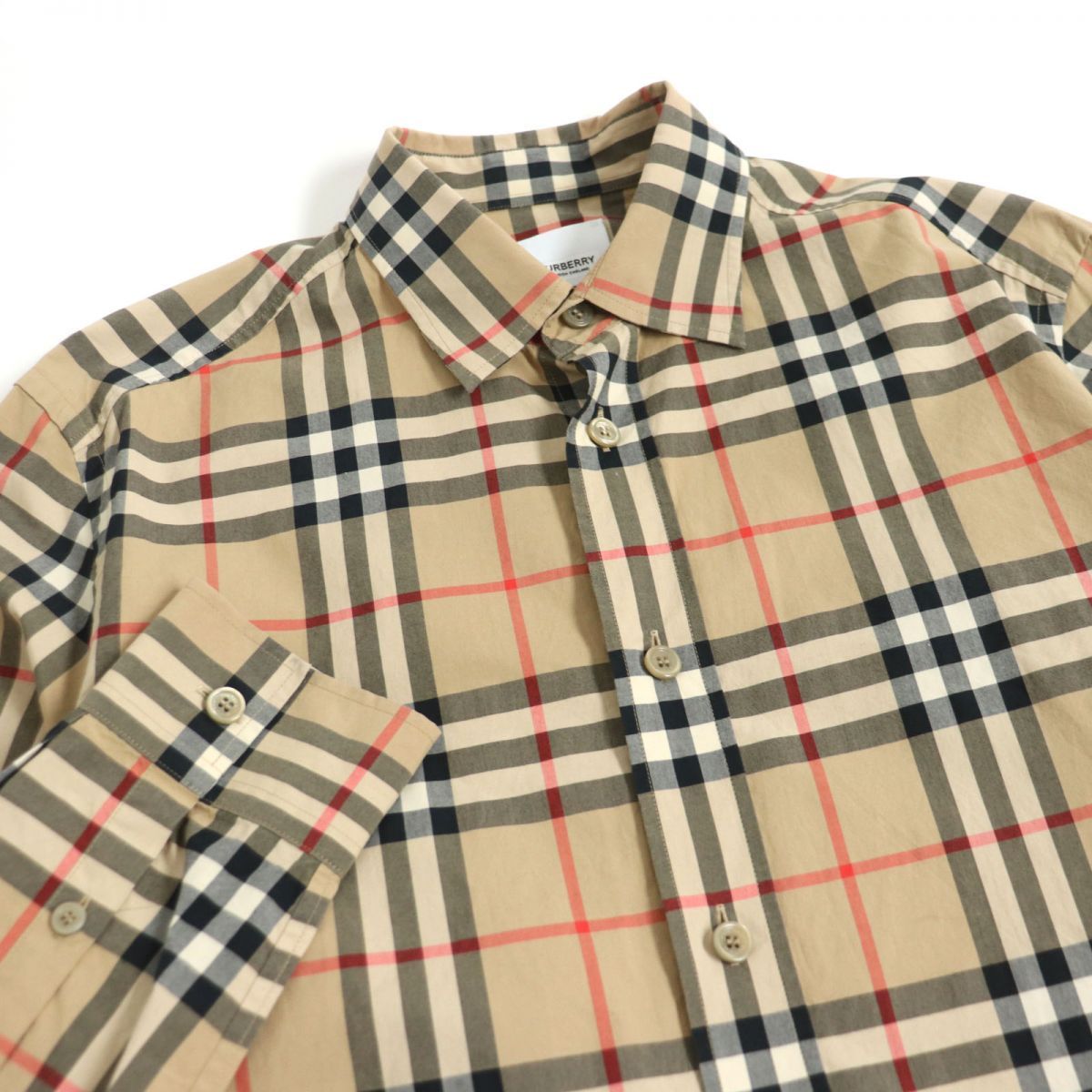 良品□BURBERRY/バーバリー 8020863 ノバチェック柄 ロゴボタン コットン100％ ロングスリーブ 長袖シャツ ベージュ S 正規品  メンズ◎